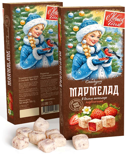 №1 Сладарт(11621) Мармелад Новогодний "Снегурочка" Клубничный в белом шоколаде, 150г   в Белогорске